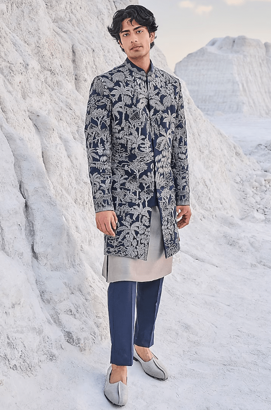 Navy Blue Raw Silk Embroidered Sherwani Set