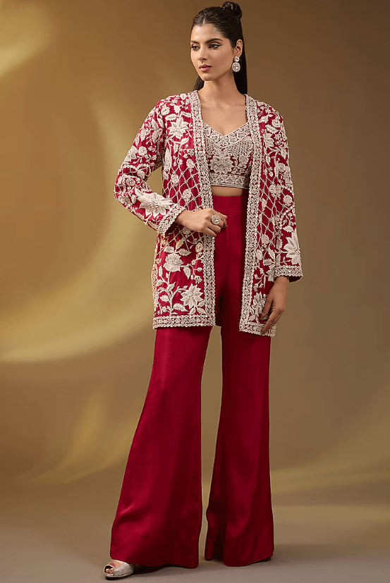 Red Organza Hand & Machine Embroidered Jacket Set