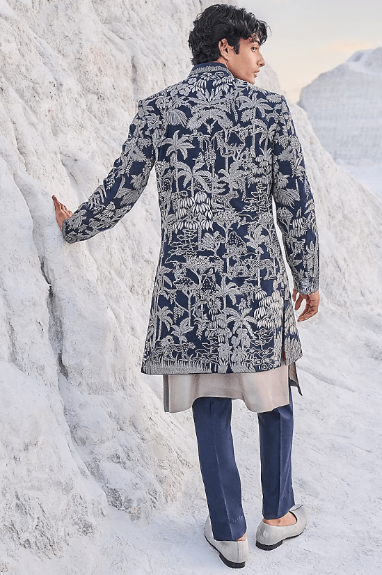 Navy Blue Raw Silk Embroidered Sherwani Set - Image 2