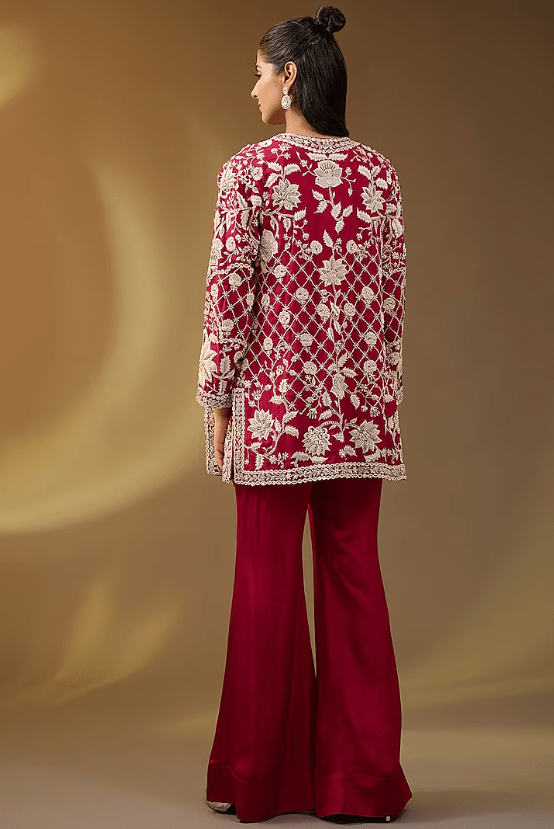 Red Organza Hand & Machine Embroidered Jacket Set - Image 2