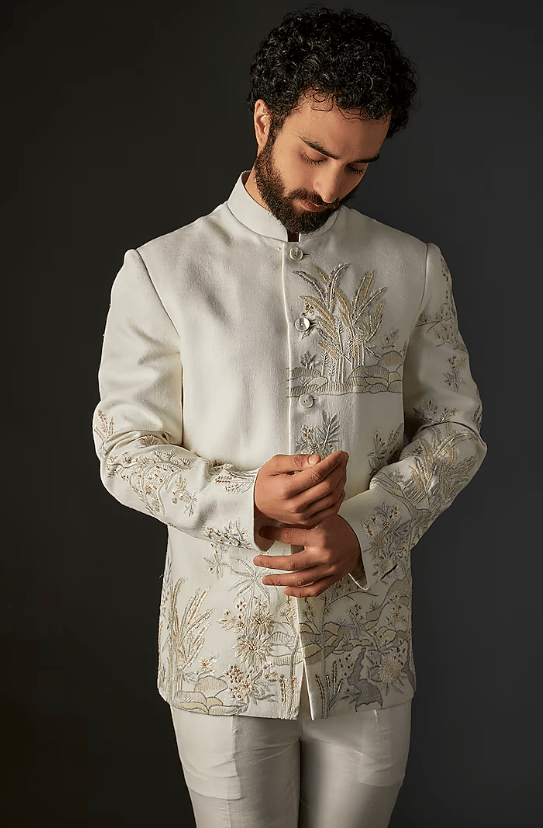 Ivory Matka Silk Floral Hand & Machine Embroidered Bandhgala - Image 3