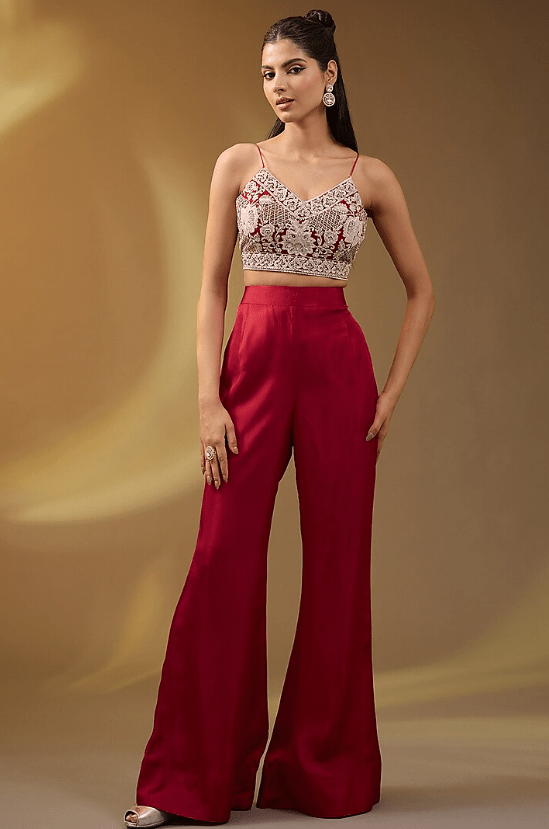 Red Organza Hand & Machine Embroidered Jacket Set - Image 3