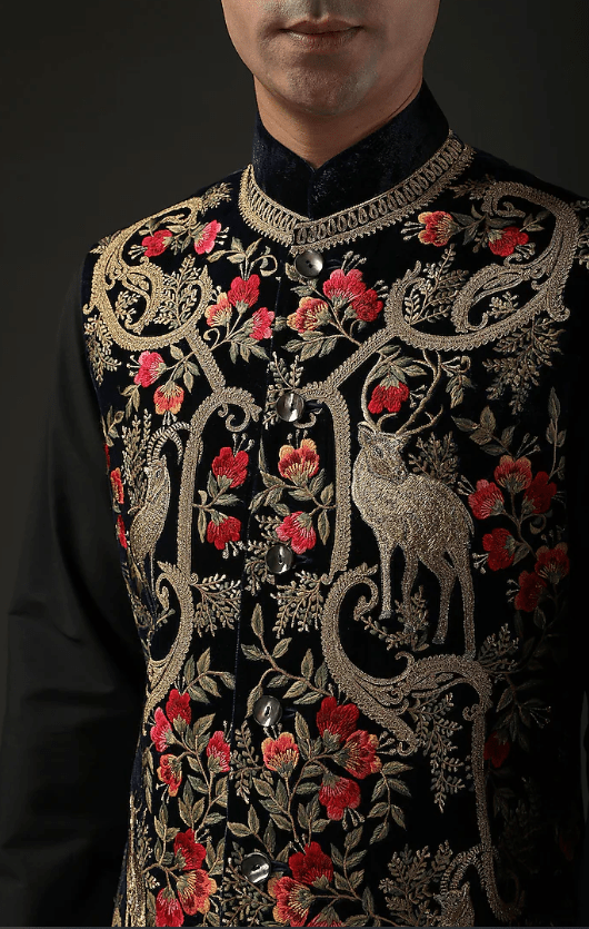 Black Silk Velvet Zari Embroidered Nehru Jacket - Image 4