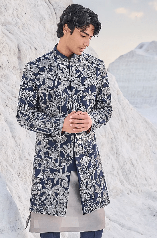 Navy Blue Raw Silk Embroidered Sherwani Set - Image 4