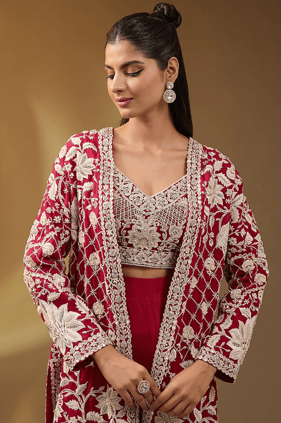 Red Organza Hand & Machine Embroidered Jacket Set - Image 5