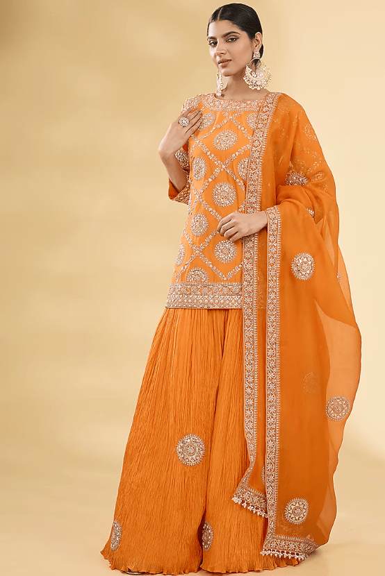 Orange Dupion Crushed Sharara Set