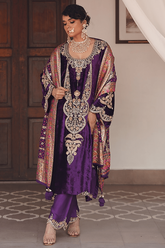 Purple Silk Velvet Zardosi Hand Embroidered Kurta Set