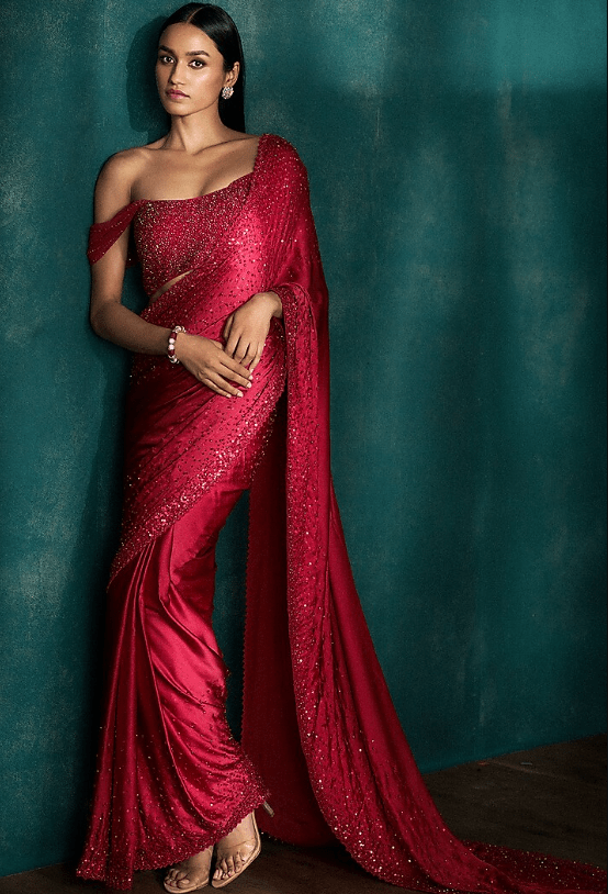 Red Satin Sequins Embroidered Saree Set