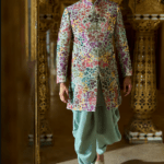 Sage Green Raw Silk Floral Embroidered Sherwani Set