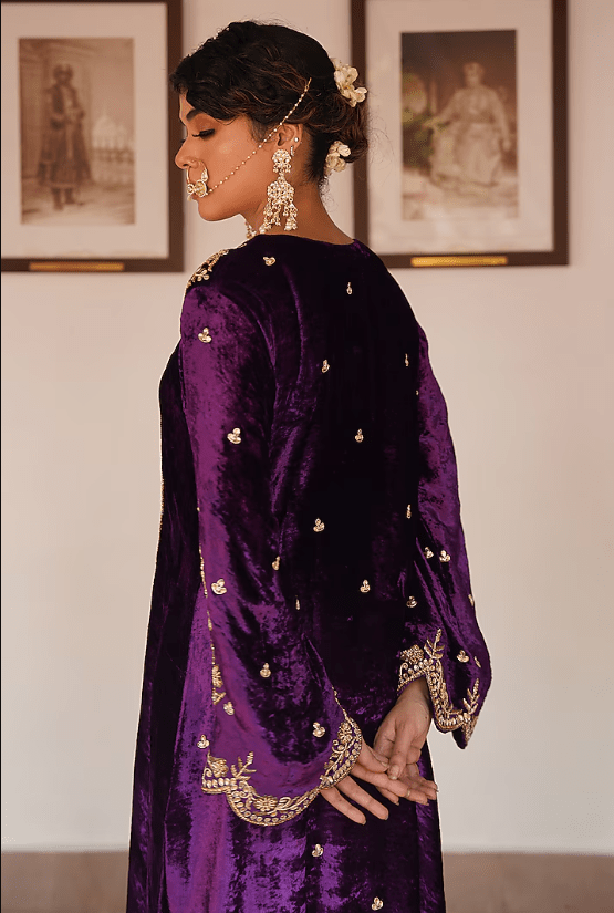 Purple Silk Velvet Zardosi Hand Embroidered Kurta Set - Image 2