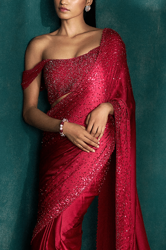 Red Satin Sequins Embroidered Saree Set - Image 2