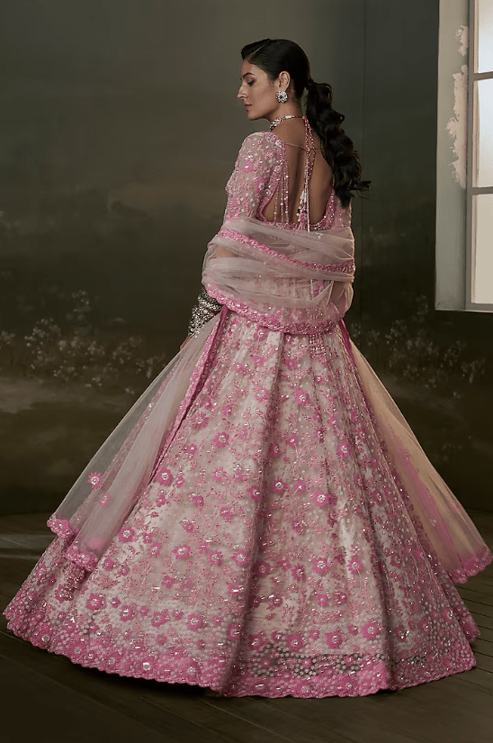 Blush Pink Net & Satin Sequins Embroidered Lehenga Set - Image 2