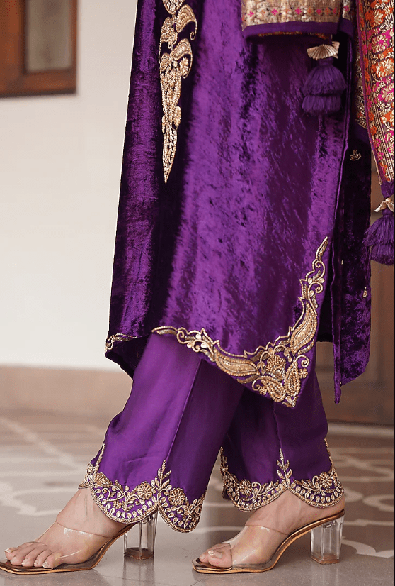 Purple Silk Velvet Zardosi Hand Embroidered Kurta Set - Image 3