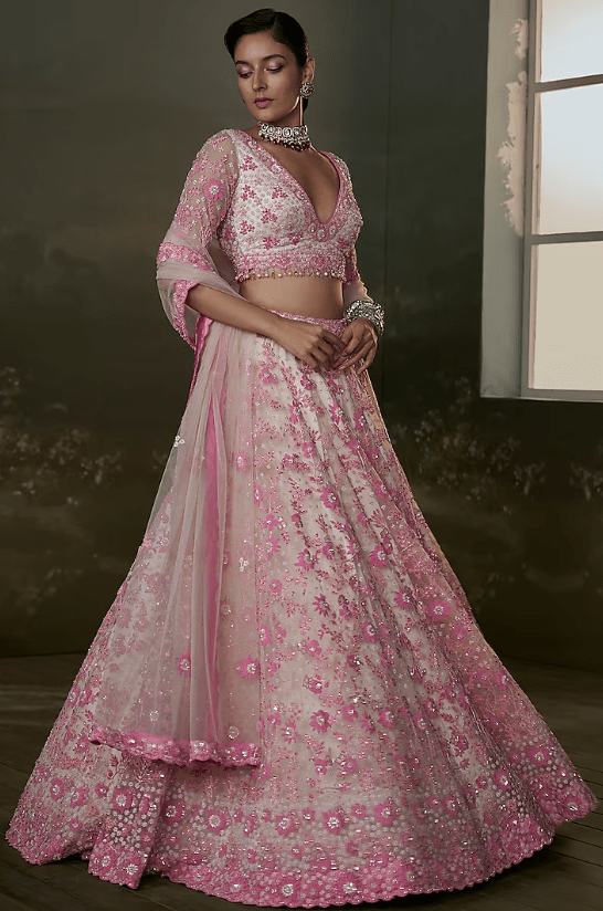 Blush Pink Net & Satin Sequins Embroidered Lehenga Set - Image 3