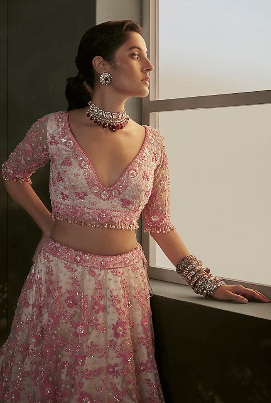 Blush Pink Net & Satin Sequins Embroidered Lehenga Set - Image 4