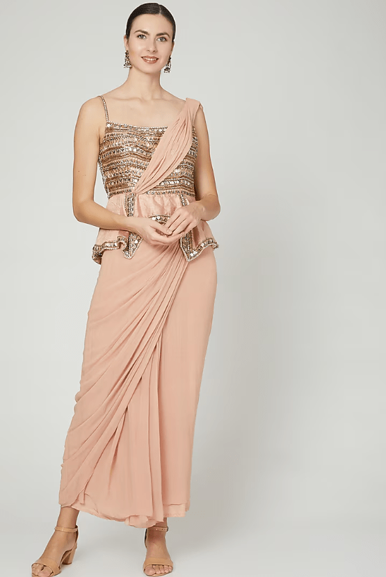 Salmon Pink Embellished Saree Gown