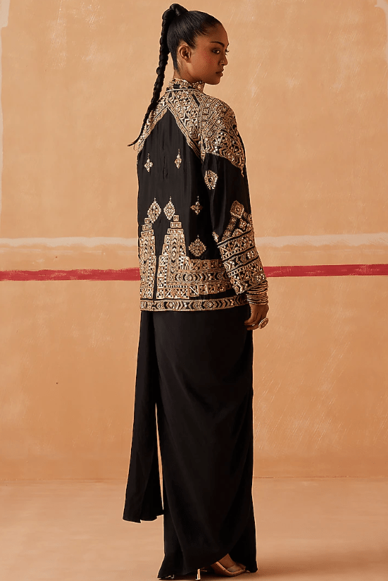 Black Habutai Silk Draped Saree Set - Image 2