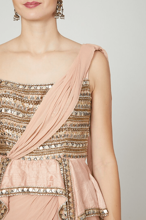 Salmon Pink Embellished Saree Gown - Image 3