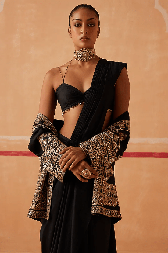 Black Habutai Silk Draped Saree Set - Image 6