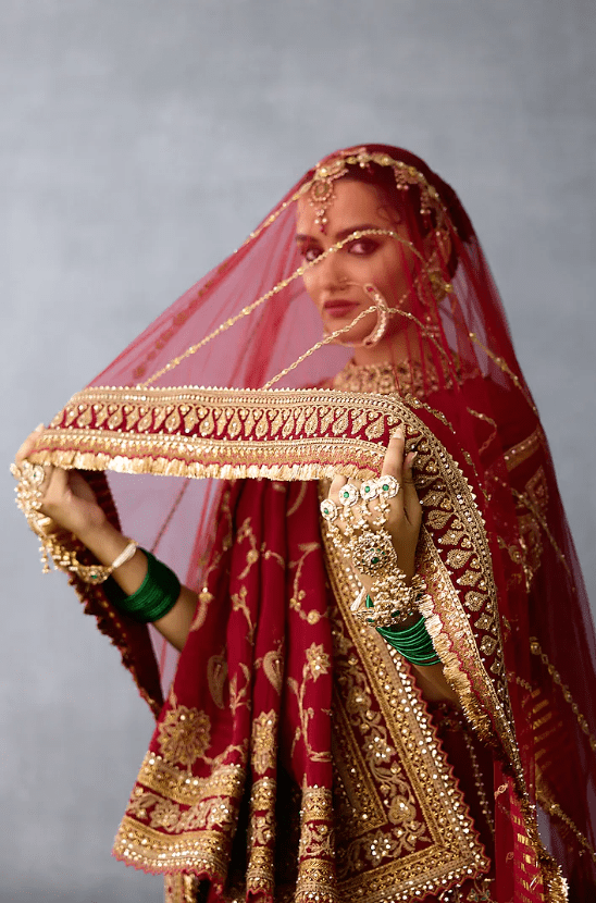 Red Jeni Silk & Butterfly Net Embroidered Lehenga Set - Image 6