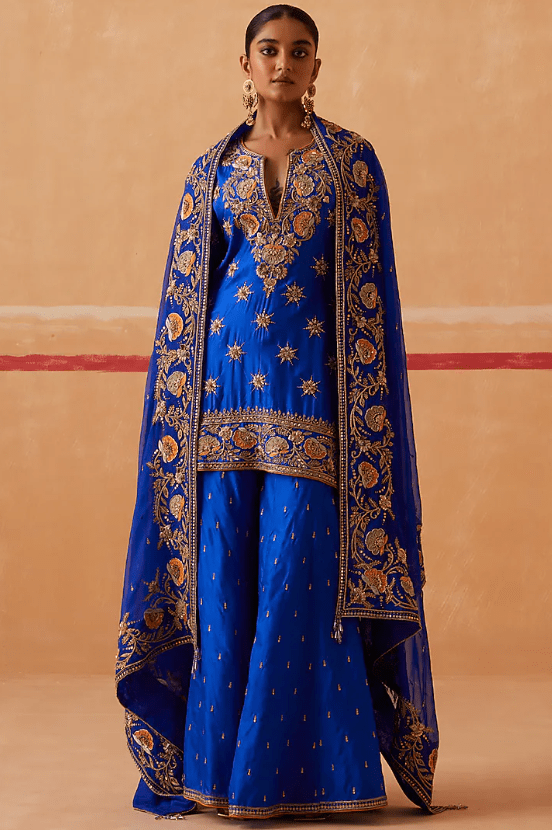 Ink Blue Pure Silk Hand Embroidered Gharara Set