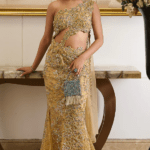 Golden Viscose Organza Floral Motifs Embellished Structured Pre-Draped Skirt Saree Set