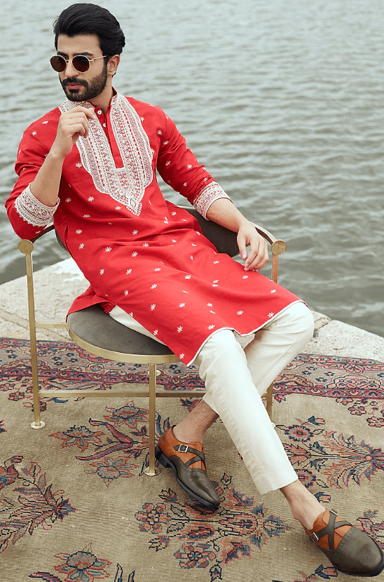 Red Chanderi Embroidered Kurta Set