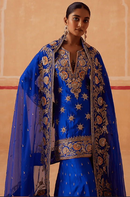Ink Blue Pure Silk Hand Embroidered Gharara Set - Image 3