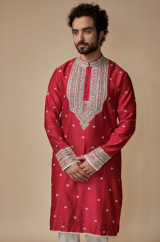 Red Chanderi Embroidered Kurta Set - Image 3
