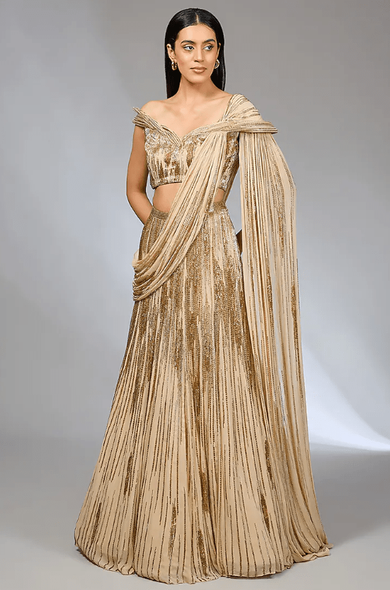 Gilded Gold Viscose Georgette Bugle Beads Embroidered Lehenga Set