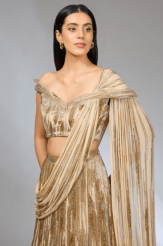 Gilded Gold Viscose Georgette Bugle Beads Embroidered Lehenga Set - Image 4