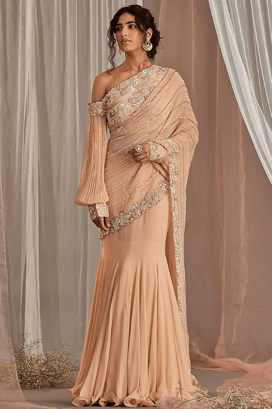 Salmon Pink Hand Embroidered Fish Cut Saree Set