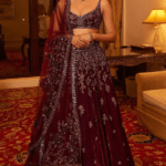 Wine Velvet Embroidered Lehenga Set