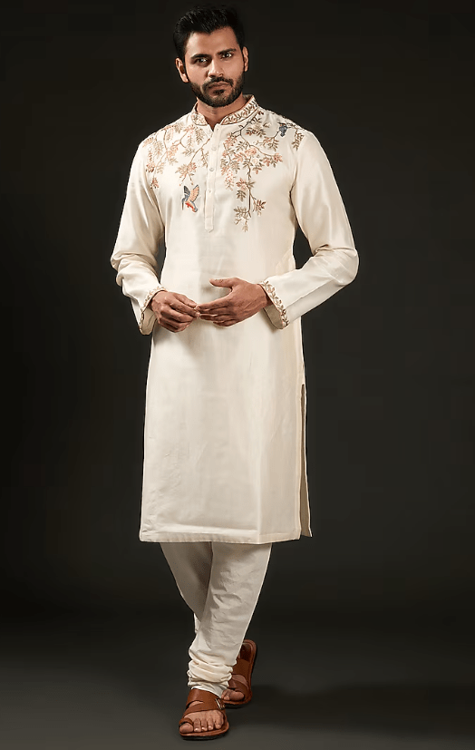 Ivory Chanderi Silk Resham Hand Embroidered Kurta Set