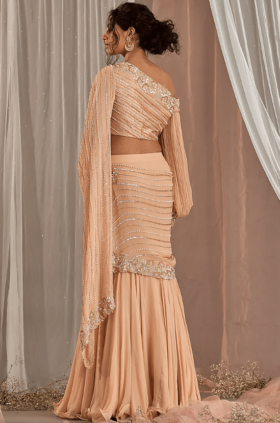 Salmon Pink Hand Embroidered Fish Cut Saree Set - Image 2