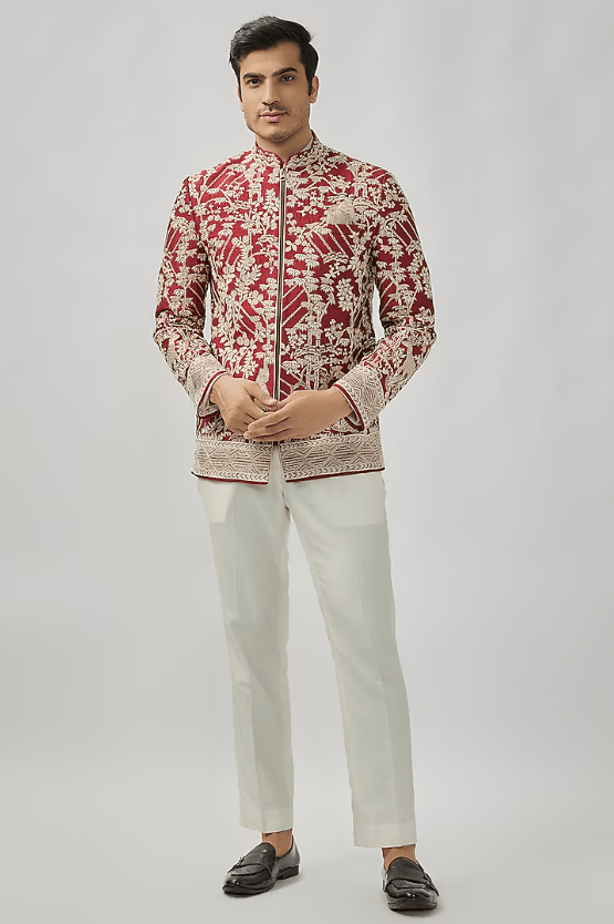 Cherry Red Raw Silk Bandhgala Set
