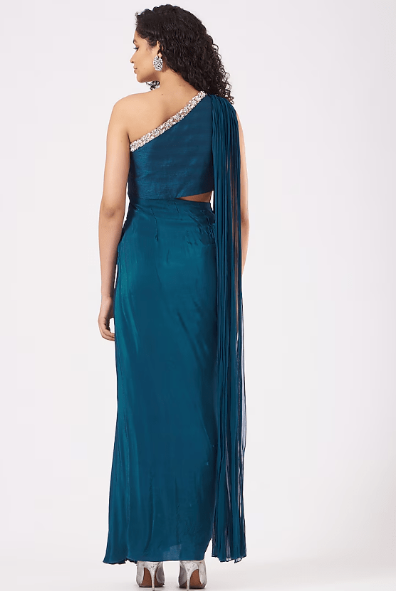 Teal Blue One-Shoulder Gown With Attached Stole - Image 2