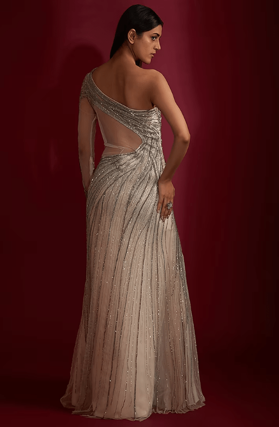 Sage Gold Tulle Glass Bugle Bead Embroidered Gown - Image 2