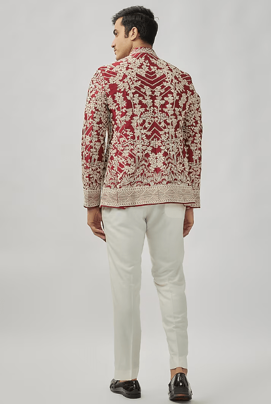 Cherry Red Raw Silk Bandhgala Set - Image 2
