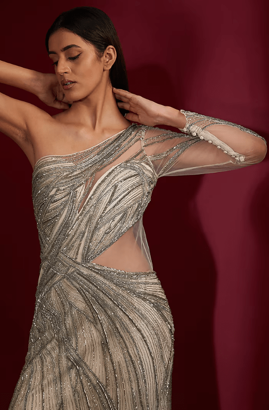 Sage Gold Tulle Glass Bugle Bead Embroidered Gown - Image 3