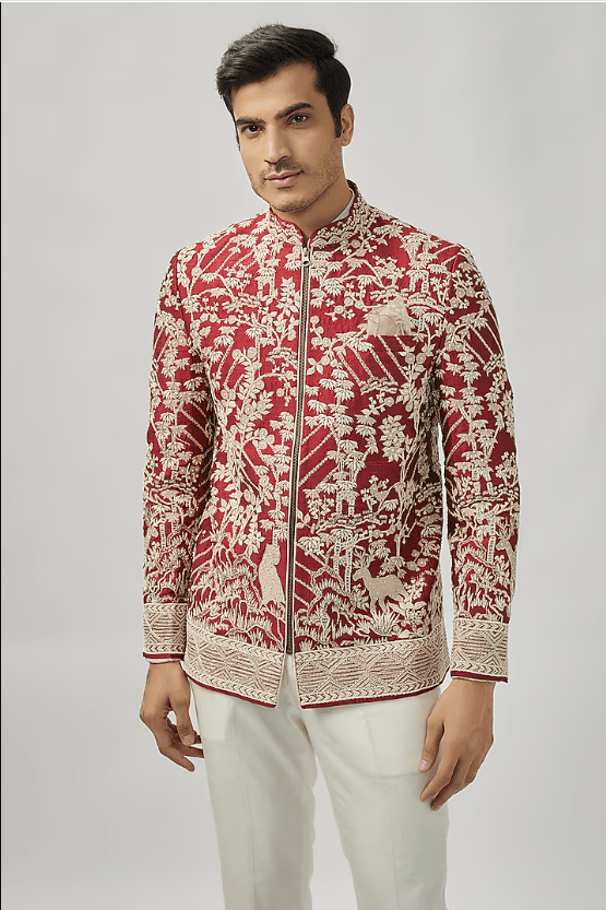 Cherry Red Raw Silk Bandhgala Set - Image 3