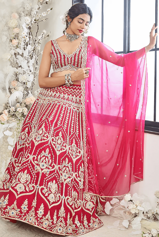 Red-Pink Silk Zardosi Embroidered Lehenga Set