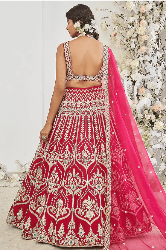 Red-Pink Silk Zardosi Embroidered Lehenga Set - Image 2