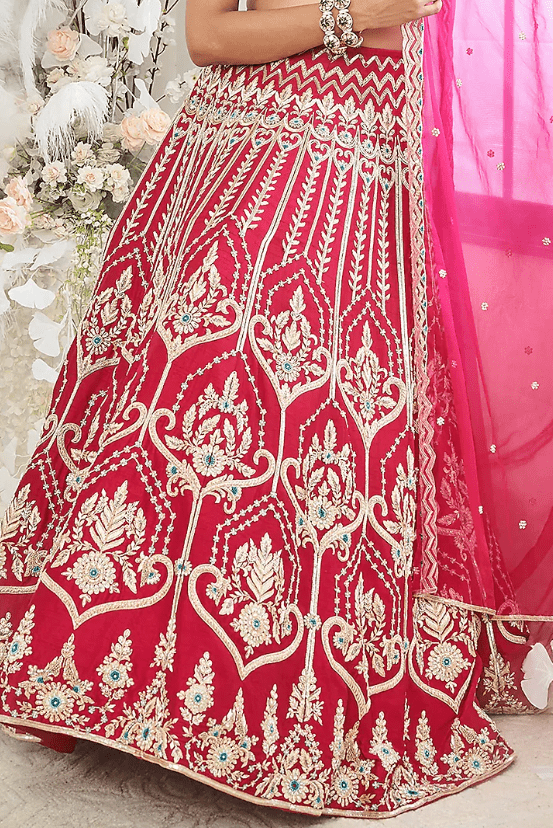 Red-Pink Silk Zardosi Embroidered Lehenga Set - Image 3
