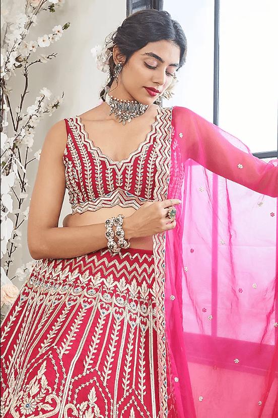 Red-Pink Silk Zardosi Embroidered Lehenga Set - Image 4