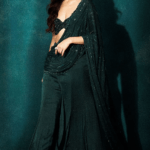 Bottle Green Georgette Sharara Draped Saree Set