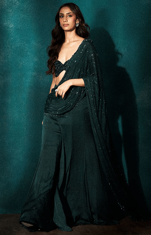 Bottle Green Georgette Sharara Draped Saree Set