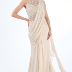 Sage Gold Georgette Pearl Embroidered Gown Saree