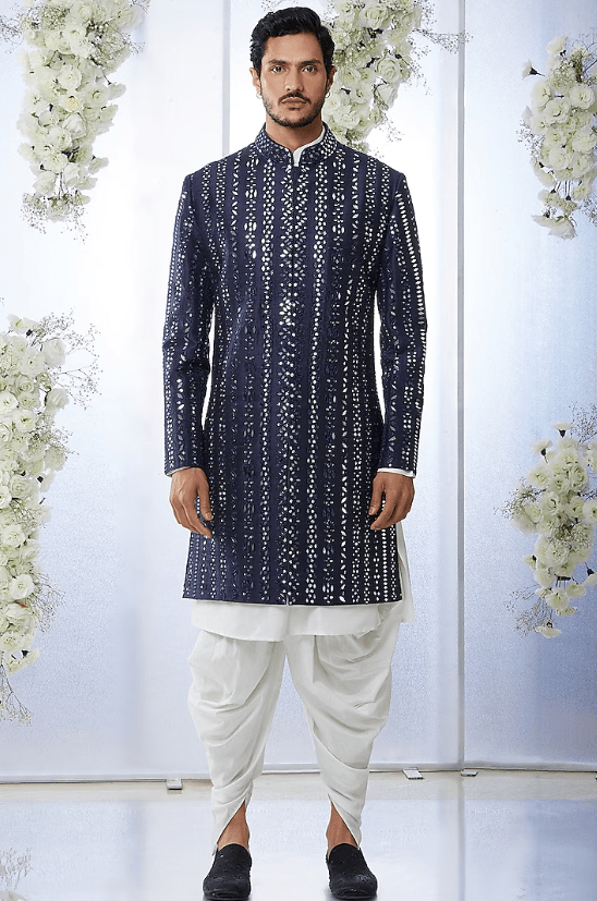 Midnight Blue Raw Silk Sherwani Set