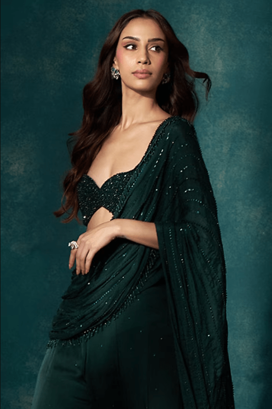 Bottle Green Georgette Sharara Draped Saree Set - Image 2